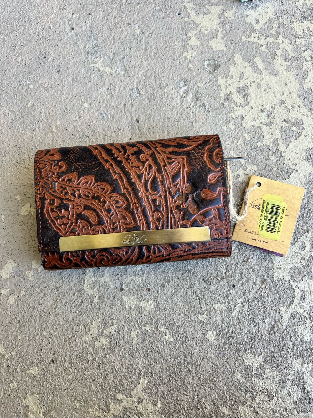New Patricia Nash Embossed Leather Wallet in Chestnut Brown with Gold Bar